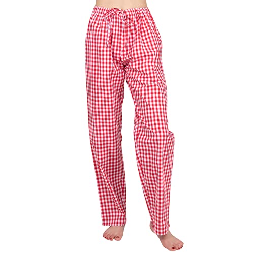 JTPW Damen 100% Baumwolle Woven Poplin Bequeme Pyjama/Lounge Hose mit Taschen,Red White Check,Size:S von JTPW