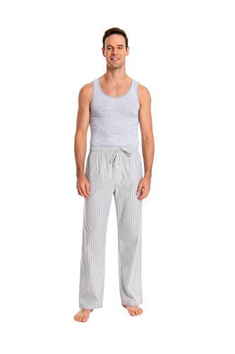 JTPW Herren 100% Baumwolle Gewebte Popeline Bequeme Pyjama/Lounge Hose mit Taschen, Grey White Stripe, Size:XL von JTPW