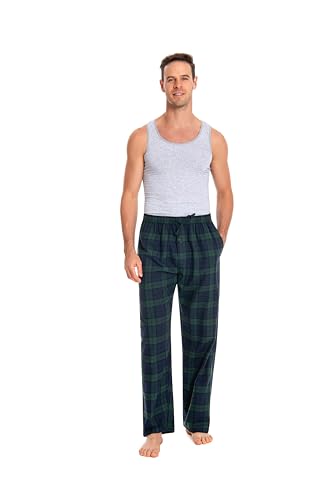 JTPW Men's 100% Cotton Flannel Sleep Pajama Pants with Pockets, Navy Green Plaid, Size: L von JTPW