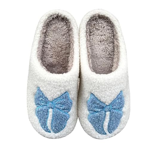 JTQHB Damen Herren Süße Retro Hausschuhe Memory Foam Plüsch Fuzzy Indoor Schuhe, Blau Schleife, 5.5-6 Women/4.5-5 Men von JTQHB