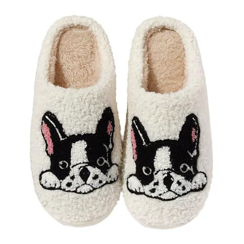 JTQHB Damen Herren Süße Retro Hausschuhe Memory Foam Plüsch Fuzzy Indoor Schuhe, C-Bulldogge, 6.5-7 Women/5.5-6 Men von JTQHB
