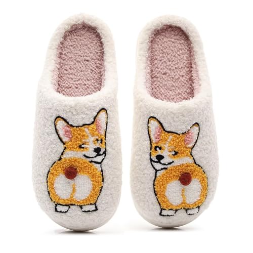 JTQHB Damen Herren Süße Retro Hausschuhe Memory Foam Plüsch Fuzzy Indoor Schuhe, D-Corgi, 7.5-8 Women/6.5-7 Men von JTQHB