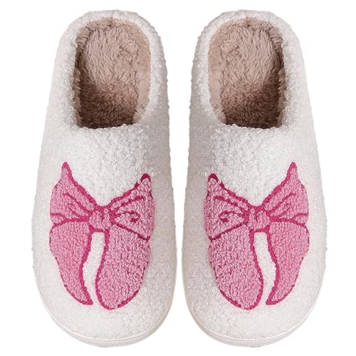 JTQHB Damen Herren Süße Retro Hausschuhe Memory Foam Plüsch Fuzzy Indoor Schuhe, rosa schleife, 6.5-7 Women/5.5-6 Men von JTQHB