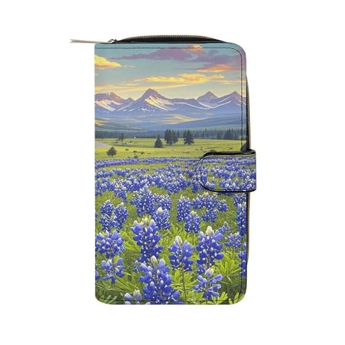 JTREWBV Bluebonnets Geldbörse aus PU-Leder, mit Reißverschluss, Kreditkartenhalter, Reise-Geldbörse, Damen-Clutch mit Ausweisfenster, Bluebonnets Scenery, 19.7x11x3.5cm, Modern von JTREWBV