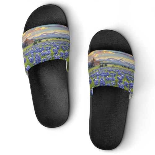 JTREWBV Bluebonnets Sommerhausschuhe für Damen und Herren, mit Landschaftsdruck, PVC, Hausschuhe, Duschschuhe, Badezimmer, Sandalen, rutschfest, leicht zu reinigen, Schwarzer Stil, 44 EU JTREWBV Bluebonnets Sommerhausschuhe für Damen und Herren, mit Landschaftsdruck, PVC, Hausschuhe, Duschschuhe, Badezimmer, Sandalen, rutschfest, leicht zu reinigen, Schwarzer Stil, 44 EU von JTREWBV