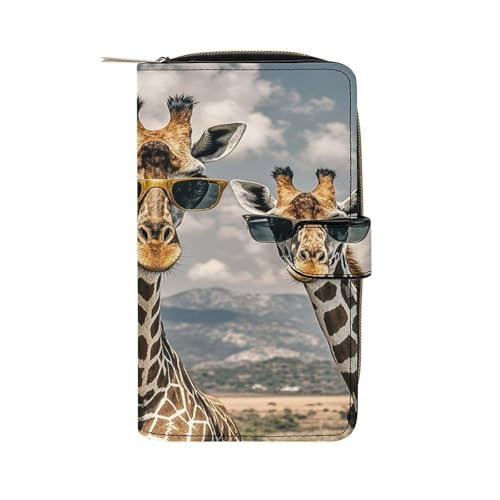 JTREWBV Geldbörse aus PU-Leder, Giraffen, mit Sonnenbrille, Reißverschluss, Kreditkartenhalter, Reise-Geldbörse, Damen-Clutch mit Ausweisfenster, Giraffen mit Sonnenbrille, 19.7x11x3.5cm, Modern von JTREWBV