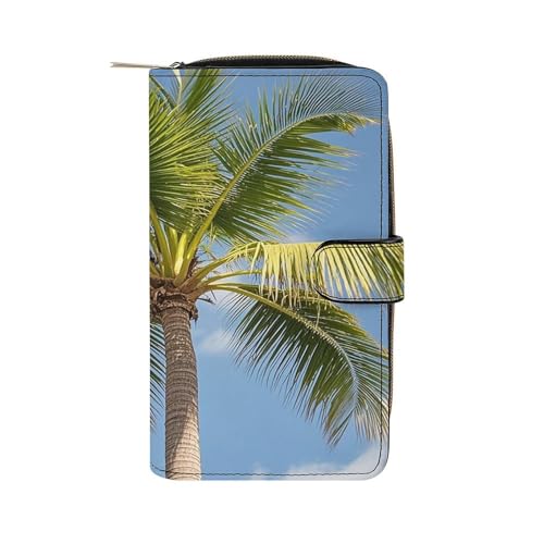 JTREWBV Geldbörse aus PU-Leder, Kokosnussbaum-Druck, Reißverschluss, Kreditkartenhalter, Reise-Geldbörse, Damen-Clutch mit Ausweisfenster, Kokosbaum, 19.7x11x3.5cm, Modern von JTREWBV