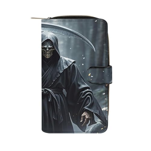 JTREWBV Geldbörse aus PU-Leder, Sensenmann-Druck, Reißverschluss, Kreditkartenhalter, Reise-Geldbörse, Damen-Clutch mit Ausweisfenster, Sensenmann, 19.7x11x3.5cm, Modern von JTREWBV
