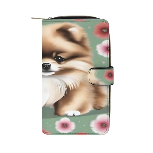 JTREWBV Geldbörse aus PU-Leder, Zwergspitzen-Druck, Reißverschluss, Kreditkartenhalter, Reise-Geldbörse, Damen-Clutch mit Ausweisfenster, Zwergspitzwelpen, 19.7x11x3.5cm, Modern von JTREWBV