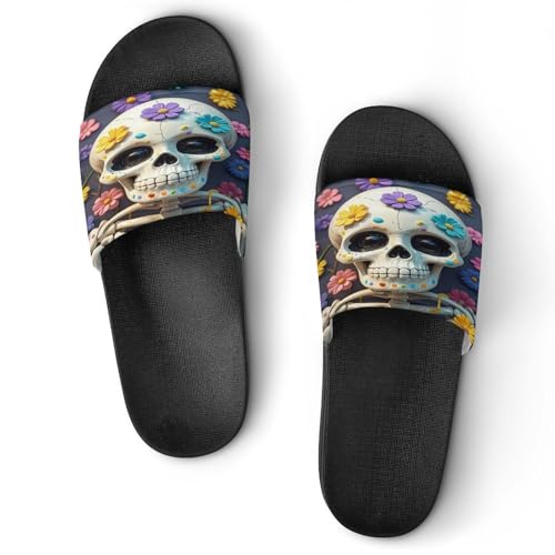 JTREWBV Sommer-Hausschuhe für Damen und Herren, buntes Blumen-Totenkopf-Druck, PVC, Hausschuhe, Duschschuhe, Badezimmer-Sandalen, rutschfest, leicht zu reinigen, Schwarzer Stil, 11.5 UK Men/ 8.5 UK JTREWBV Sommer-Hausschuhe für Damen und Herren, buntes Blumen-Totenkopf-Druck, PVC, Hausschuhe, Duschschuhe, Badezimmer-Sandalen, rutschfest, leicht zu reinigen, Schwarzer Stil, 11.5 UK Men/ 8.5 UK von JTREWBV