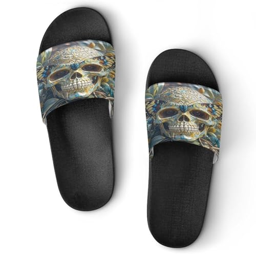 JTREWBV Sommer Hausschuhe für Damen und Herren Schmetterling Schädel Druck PVC Home Slippers Duschschuhe Badezimmer Sandalen rutschfest leicht zu reinigen, Schwarzer Stil, 11.5 UK Men/ 9.5 UK Women von JTREWBV