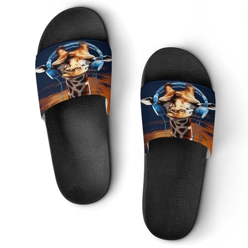 JTREWBV Sommerhausschuhe für Damen und Herren, Giraffe mit Kopfhörern, bedruckt, PVC, Hausschuhe, Duschschuhe, Badezimmer, Sandalen, rutschfest, leicht zu reinigen, Schwarzer Stil, 44 EU JTREWBV Sommerhausschuhe für Damen und Herren, Giraffe mit Kopfhörern, bedruckt, PVC, Hausschuhe, Duschschuhe, Badezimmer, Sandalen, rutschfest, leicht zu reinigen, Schwarzer Stil, 44 EU von JTREWBV
