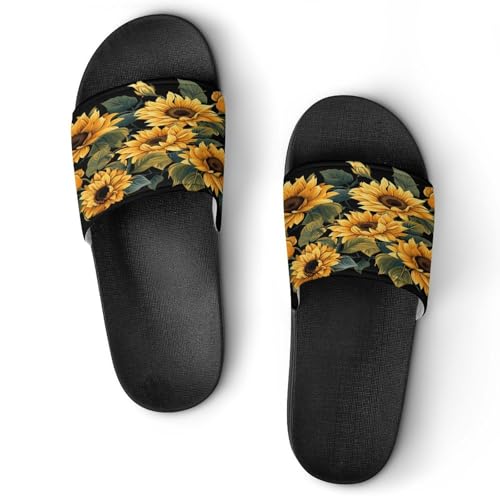 JTREWBV Sommerhausschuhe für Damen und Herren, Sonnenblumen-Druck, PVC, Hausschuhe, Duschschuhe, Bad-Sandalen, rutschfest, leicht zu reinigen, Schwarzer Stil, 11.5 UK Men/ 7 UK Women Wide von JTREWBV