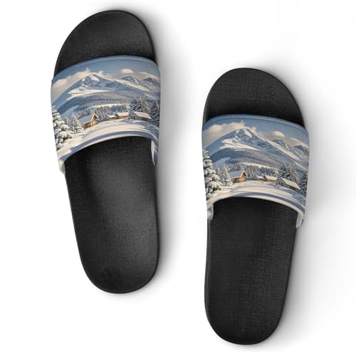 JTREWBV Sommerhausschuhe für Damen und Herren, Winter-Dorf-Druck, PVC, Hausschuhe, Duschschuhe, Bad-Sandalen, rutschfest, leicht zu reinigen, Schwarzer Stil, 11.5 UK Men/ 8.5 UK Women Wide von JTREWBV