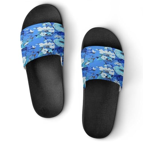 JTREWBV Sommerhausschuhe für Damen und Herren, blau, Blumendruck, PVC, Hausschuhe, Duschschuhe, Badezimmer, Sandalen, rutschfest, leicht zu reinigen, Schwarzer Stil, 44 EU JTREWBV Sommerhausschuhe für Damen und Herren, blau, Blumendruck, PVC, Hausschuhe, Duschschuhe, Badezimmer, Sandalen, rutschfest, leicht zu reinigen, Schwarzer Stil, 44 EU von JTREWBV