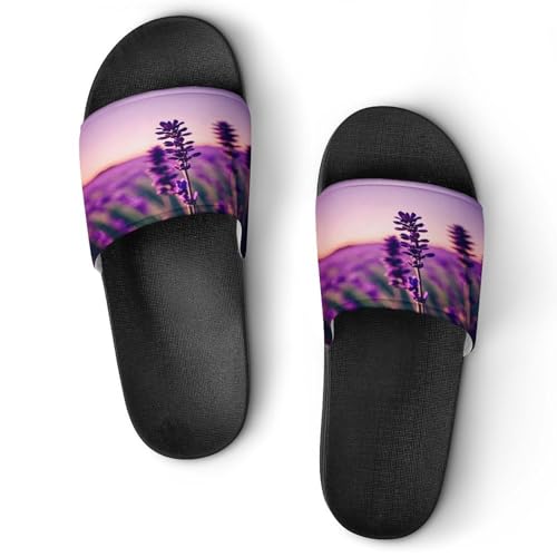 JTREWBV Sommerhausschuhe für Damen und Herren, violett, Lavendel-Druck, PVC, Hausschuhe, Duschschuhe, Bad-Sandalen, rutschfest, leicht zu reinigen, Schwarzer Stil, 44 EU JTREWBV Sommerhausschuhe für Damen und Herren, violett, Lavendel-Druck, PVC, Hausschuhe, Duschschuhe, Bad-Sandalen, rutschfest, leicht zu reinigen, Schwarzer Stil, 44 EU von JTREWBV