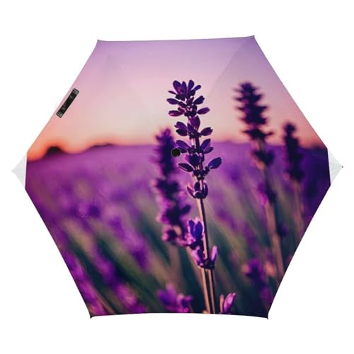 JTREWBV Tragbarer, winddichter faltbarer Regenschirm, violetter Lavendel-Druck, fünffach gefalteter manueller Regenschirm, Reise-Faltschirm mit Abdecktasche, Schwarz , Einheitsgröße von JTREWBV