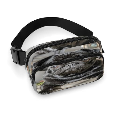 Umhängetasche für Damen und Herren, niedlicher schwarzer Mops-Aufdruck, Sport-Hüfttasche, modische Hüfttasche mit verstellbarem Riemen, Schwarz , 20x13cm von JTREWBV