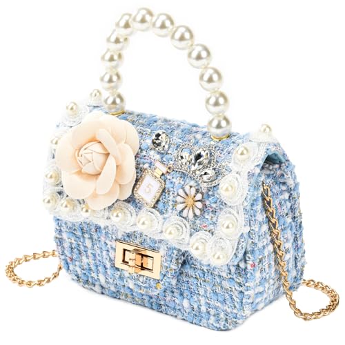 JTao-tec Mädchen-Prinzessinnen-Geldbörse, niedlicher Hase, Kleinkind, Umhängetasche, Handtasche mit Perlengriff, Schulterkette, Blau (New Style) von JTao-tec