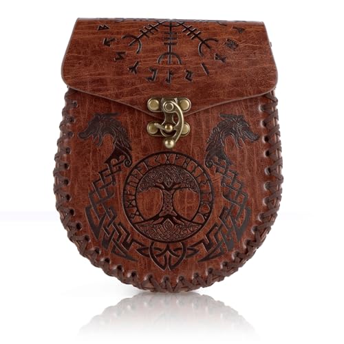 JTgugu Gürteltasche mit Nordischer Prägung Vintage Mittelalter Kunstleder Seitentasche Mittelalterliche Kunstledertasche Tragbare PU Leder Hüfttasche Cosplay Piratenkostüm Zubehör für Herren & Damen von JTgugu