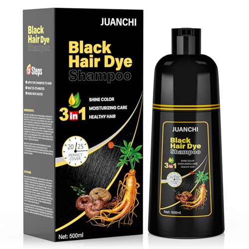 JUANCHI Schwarzes Haarfärbeshampoo für Graues Haar, Haarfärbeshampoo 3 in 1, 500ml Natürliche Schwarze Haarfarbe für Frauen Männer (16.9oz) von JUANCHI