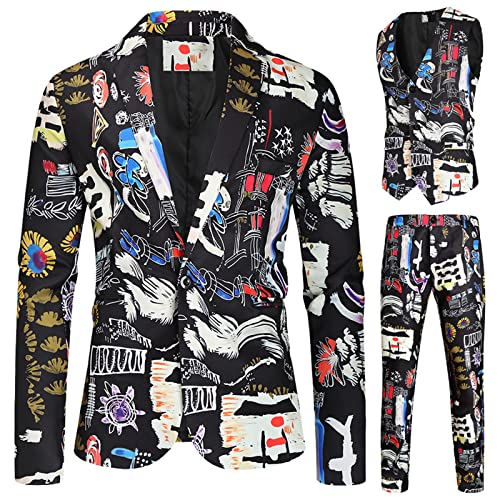 3 Teilig Herren Anzug Slim Fit Bunter Sakko Muster Karneval Kostüm Blazer Hose Weste für Hochzeit Party Festlich Blume Herrenanzug Business-Anzug Modern Anzugjacke Blazer Men Casual Suits Jacke von JUANMAO