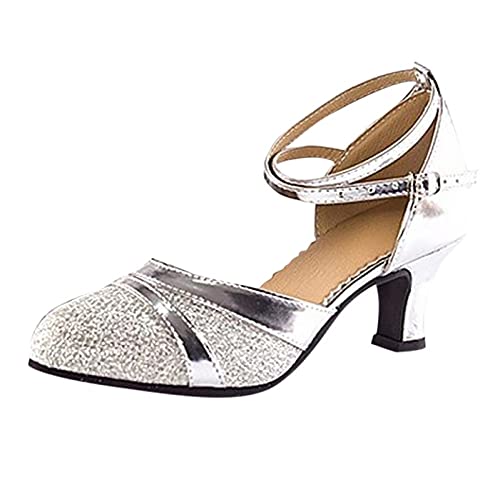 Damen Ballerina Pumps mit Keilabsatz Kitten-Heel Hochzeitsschuhe Tanzschuhe Lace Tanzschuhe Damen Brautschuhe Sandaletten Damen mit Absatz Blockabsatz Absatzschuhe Riemchensandalen Silber 38 von JUANMAO