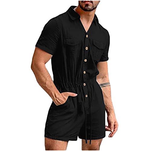 Herren Jumpsuit Kurz Jogging Overall Einfarbig Herren Body Kurzarm Hemdbody Baumwolle Bodysuit Overall Onepiece Jumpsuit mit Gürtel Herren Sommer Herren Jumpsuit Kurz Anzug Onesie Sport Schwarz von JUANMAO