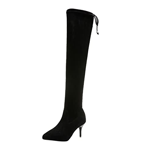 JUANMAO Damen Stiefel Overknee High Heels Plateau Stiletto Absatz Lang Stiefel für Winter und Herbst Frauen Kniestiefel Damen Stiefeletten Absatz PU Leder Warm Boots Stiefeletten Regenstiefel Schwarz von JUANMAO