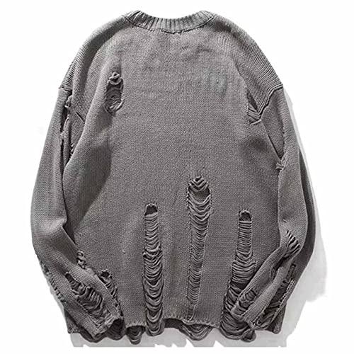 JUANMAO Feinstrick Pulli Mit Löchern Einfarbige Herren Strickpullover Grobstrick Pullover mit Rundhalsaussschnitt Strickpullover für Männer Hoodie Kapuzenpullover Grau L von JUANMAO