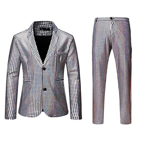 JUANMAO Herren Anzug 2 teilig Plaid Blazer Hosen Anzug Glitzer Pailletten Sakkos Chino Hosen Sets Slim Fit Hochzeit Smoking Stilvoll Anzugjacke Blazer Men Casual Suits Business Silber L von JUANMAO