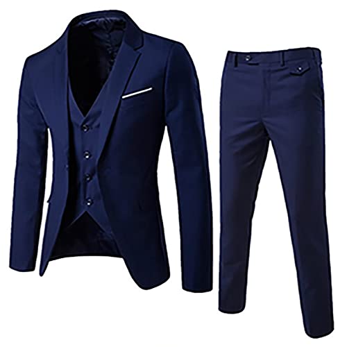 JUANMAO Herren Anzug 3 teilig Formale Weste Blazer Hosen Anzug Slim Fit Herren Smoking Sakko Anzughose Businessweste Suits Modische Männer Slim Fit Anzugweste Business Party Marine S von JUANMAO