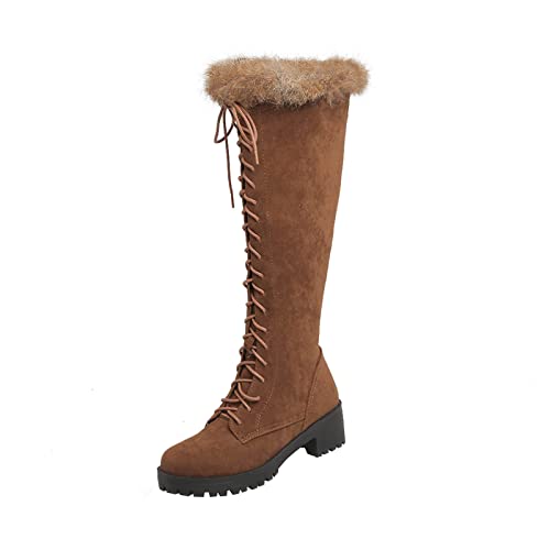 JUANMAO Langschaft Overknee Stiefel Stiletto High Heels Lang Boots Kniehoch Stiefel Blockabsatz Damen Stiefeletten Plateau Boots Warm Gefüttert mit Blockabsatz Profilsohle Braun 45 von JUANMAO