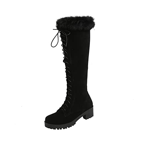 JUANMAO Langschaft Overknee Stiefel Stiletto High Heels Lang Boots Kniehoch Stiefel Blockabsatz Damen Stiefeletten Plateau Boots Warm Gefüttert mit Blockabsatz Profilsohle Schwarz 38 von JUANMAO