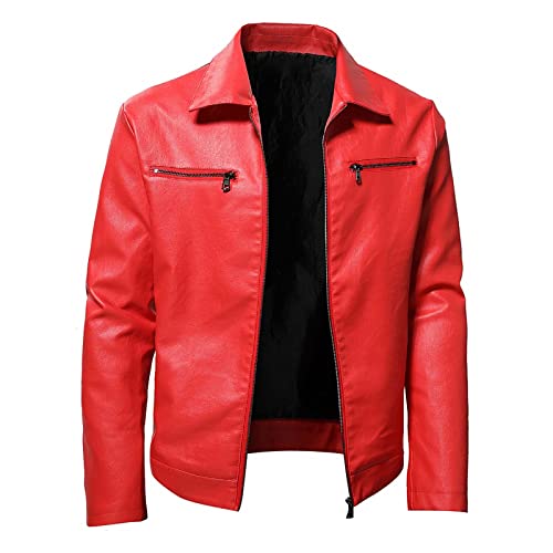 JUANMAO Lederjacke Taschen Motorradjacke Windjacke Herren Mäntel Jacken Klassisch Weich Leder Weste Herbst und Winterjacke für Herren Lederjacke Herren Kunstleder Lederjacke Rot 5XL von JUANMAO