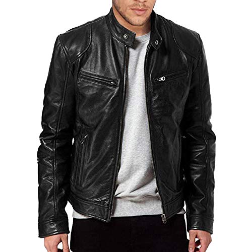 JUANMAO Lederjacke langärmelig Stehkragen modisch lässig Herren Lederjacke Kunstleder Bikerjacke Herren Biker Weste aus Lede Herren Lederweste Winter Vintage Lederjacke Herren Schwarz 4XL von JUANMAO