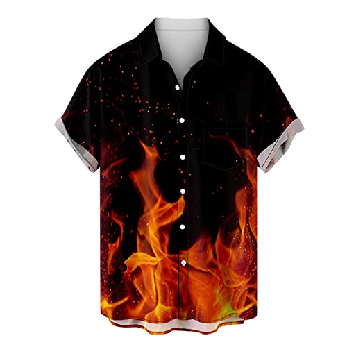 JUANMAO Mann Freizeithemden Flammen Druckten Baumwollhemd Herren Hemd Herren Umlegekragen Hemd Tops Bluse Hemd Herren Kurzarm Sommerhemd Freizeit Hawaii Hemd Männer Funky Hawaiihemd Orange L von JUANMAO