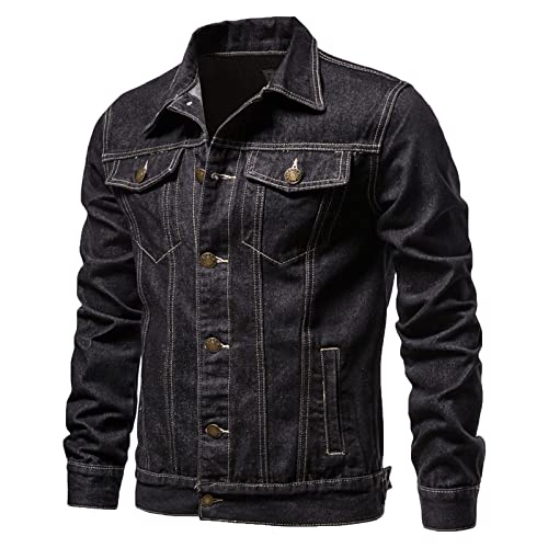 JUANMAO Mode Jacke Mantel Jeansjacken Lässige Basic Outwear Mantel Denim Jacke Männer Motorrad Langarm Warme Mantel Jacke Stehkragen Tasche schwarze Jeansjacke Baggy Schwarz L von JUANMAO