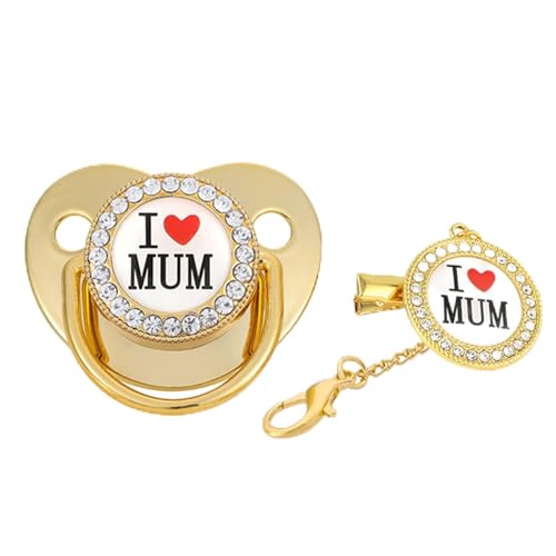 JUANMAO Schnuller Neugeborene Kirschform Schnuller Schnullerkette Mit I Love Mum Schnullerband Mädchen Und Jungs Diamant Pacifier Nuckel 18-36 Monate Pacifier Newborn Kiefergerecht BPA Frei Gold von JUANMAO