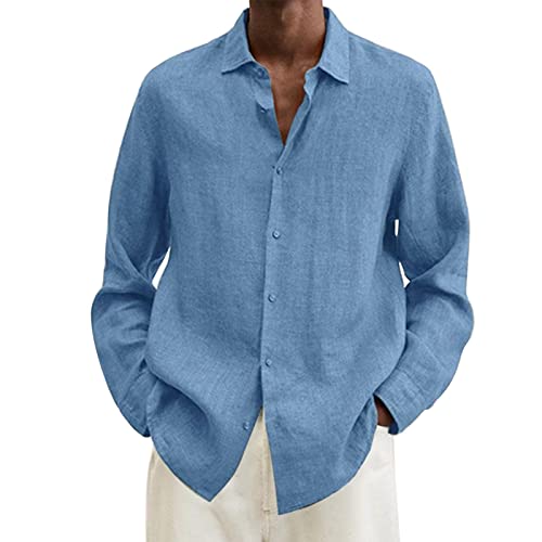 Jungen Basic Shirt Langarmshirt Freizeit Herren Basic Hemd Langarm Baumwolle Leinen Freizeithemd Langarmhemd Männer Freizeit Hemd Business Mode Herren Button-Up Freizeithemd Licht Blau M von JUANMAO