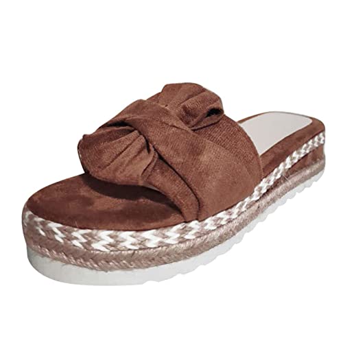 Sandalen Damen Espadrille Schleife Knoten Slip On Slide Sandalen Damen Pantoletten Plateau Sommer Strand Sandalen Frauen Casual Keilsandalen Mode Peep Toe Sommerschuhe Brun 41 von JUANMAO