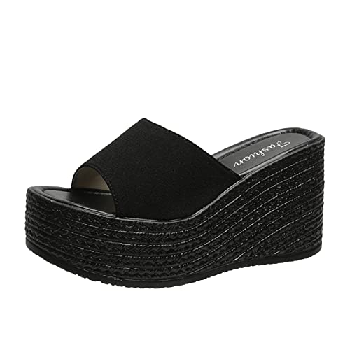 Wedge Peep Toe High Heel Plateau Pantoletten Casual Offener Zeh Plateau Walkingschuhe Plateau Sandalen Damen Geschlossene Keilabsatz Pantoletten Runde Zehe Plateauschuhe Mode Blockabsatz Schwarz von JUANMAO