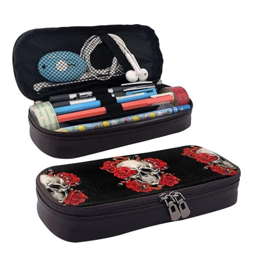 JUANYQME Rote Rosen Totenkopf Blumen Schlange Leder Stift oder Federmäppchen für Mädchen und Jungen in der Schule, kann als Schreibwarentasche, kleine Aufbewahrungstasche und Kosmetiktasche verwendet von JUANYQME