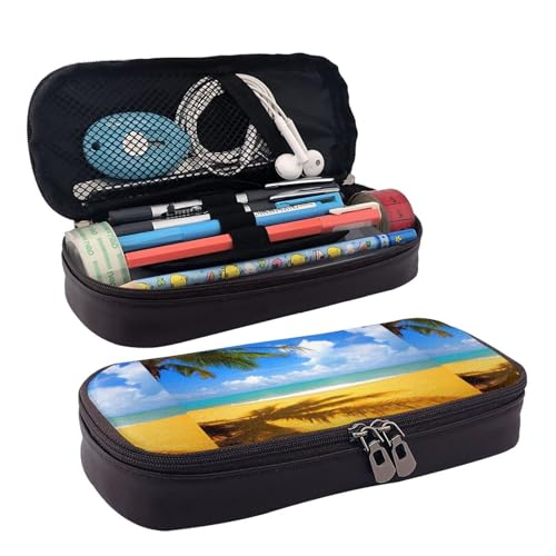 JUANYQME Sunset Palm Leder Stift oder Federmäppchen für Mädchen und Jungen in der Schule, kann als Schreibwarentasche, kleine Aufbewahrungstasche und Kosmetiktasche verwendet werden., Schwarz , von JUANYQME