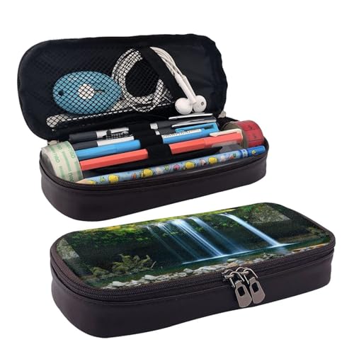 JUANYQME Wasserfall-Malerei Leder Stift oder Federmäppchen für Mädchen und Jungen in der Schule, kann als Schreibwarentasche, kleine Aufbewahrungstasche und Kosmetiktasche verwendet werden., Schwarz , von JUANYQME