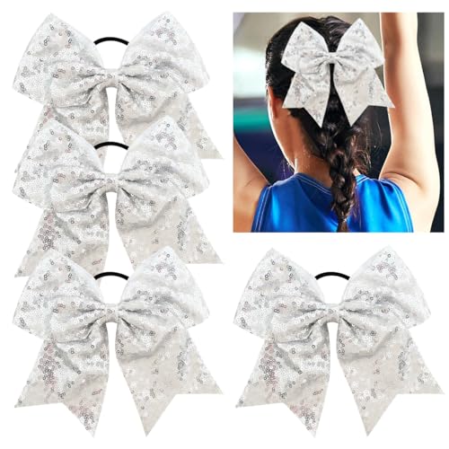 4 Packungen Pailletten-Haarschleifen, 20,3 cm, Jumbo-Cheerleading-Schleife, große Cheerleader-Haarschleifen mit Pferdeschwanz-Halter für Teenager, Mädchen, Softball, Cheerleader-Haarschleifen (Silber) von JUCCPUL