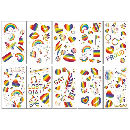 JUCHRZEY 10 Blatt LGBT Regenbogen Temporäre Tattoos Damen Herren Wasserdicht Regenbogen Flagge Tattoo Aufkleber Mund/Herz/Regenbogen Tattoos for Pride Equality Paraden und Feiern von JUCHRZEY