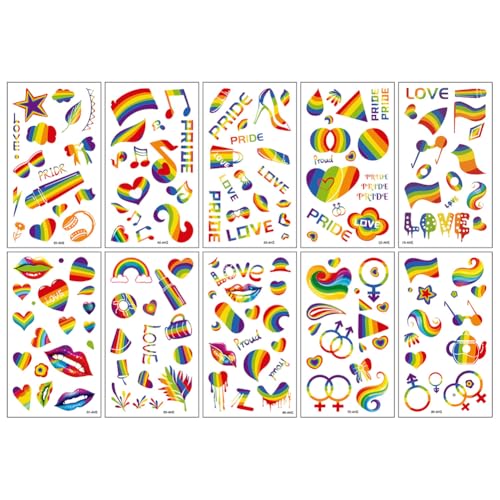 JUCHRZEY 10 Blatt Pride Tattoos Damen Herren Wasserdicht LGBT Regenbogen Temporäre Tattoos Regenbogenflagge Tattoo Aufkleber for Pride Equality Paraden und Feiern von JUCHRZEY