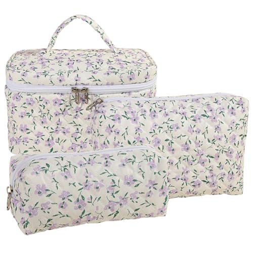 JUCHRZEY 3 teiliges Make up Taschen Kosmetiktaschen Set for Mädchen und Frauen Gesteppte Kosmetiktasche aus Baumwolle niedliche Reise Kulturtasche Reise Hautpflegetasche aus Baumwolle von JUCHRZEY