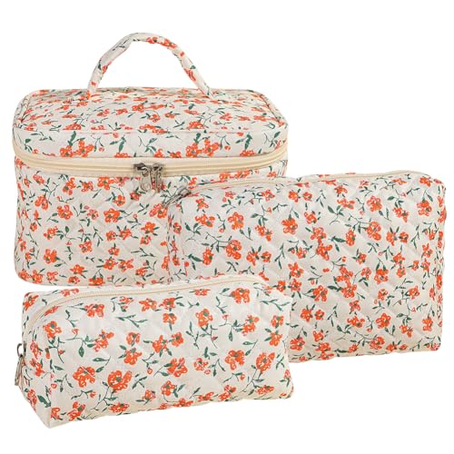 JUCHRZEY 3 teiliges Make up Taschen Kosmetiktaschen Set for Mädchen und Frauen Gesteppte Kosmetiktasche aus Baumwolle niedliche Reise Kulturtasche Reise Hautpflegetasche aus Baumwolle von JUCHRZEY